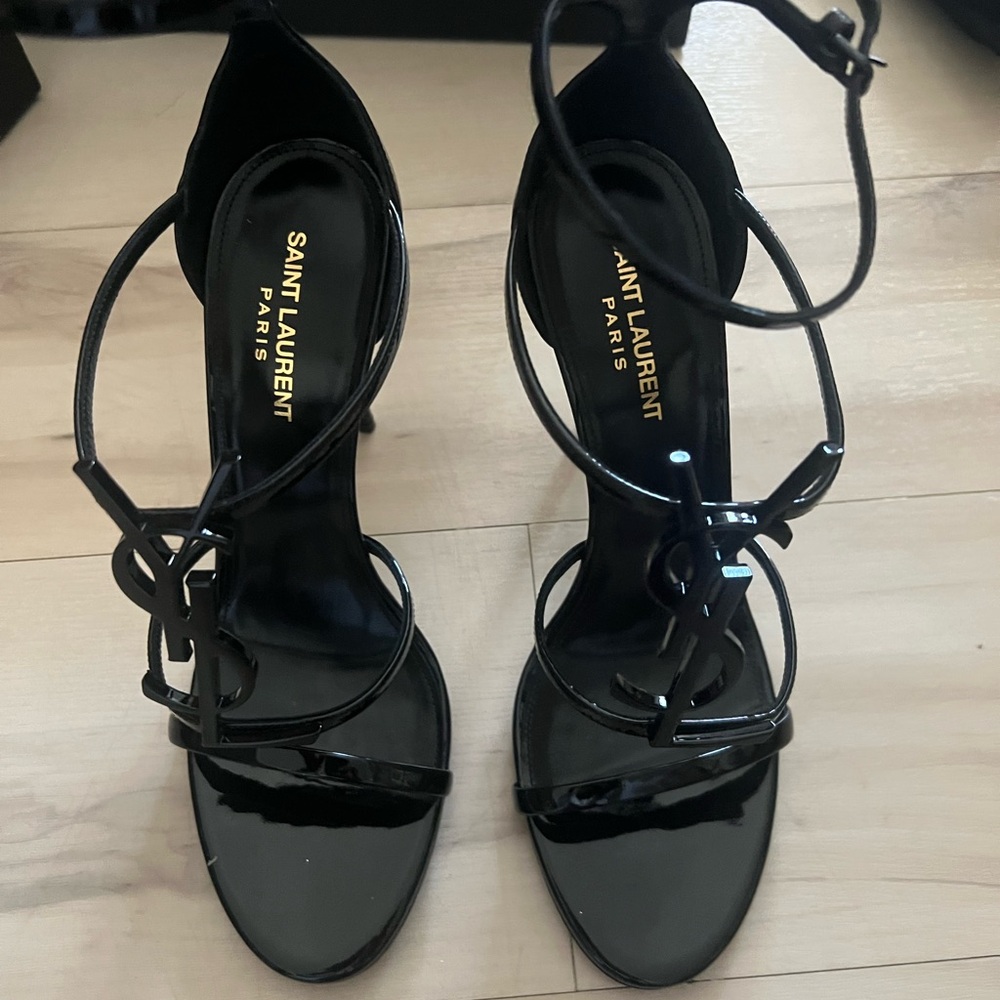 Saint Laurent Glossy Black Strappy Heels